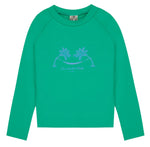 Kids' Rashguard by Bonton: a green long-sleeve swim t-shirt with UV protection, two palm trees, and "La siesta Club" printed in the center.