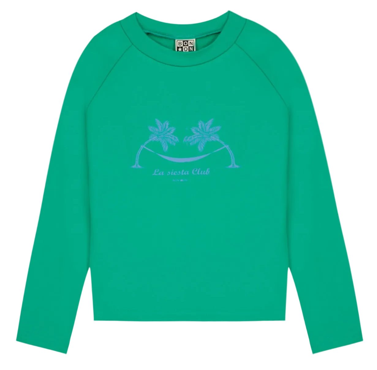 Kids' Rashguard by Bonton: a green long-sleeve swim t-shirt with UV protection, two palm trees, and "La siesta Club" printed in the center.
