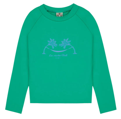 Kids' Rashguard by Bonton: a green long-sleeve swim t-shirt with UV protection, two palm trees, and "La siesta Club" printed in the center.