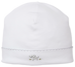 The Kissy Kissy Premier Elephant Esprit Hat features soft Pima cotton and a hand-embroidered gray elephant with green grass on the front near the brim.