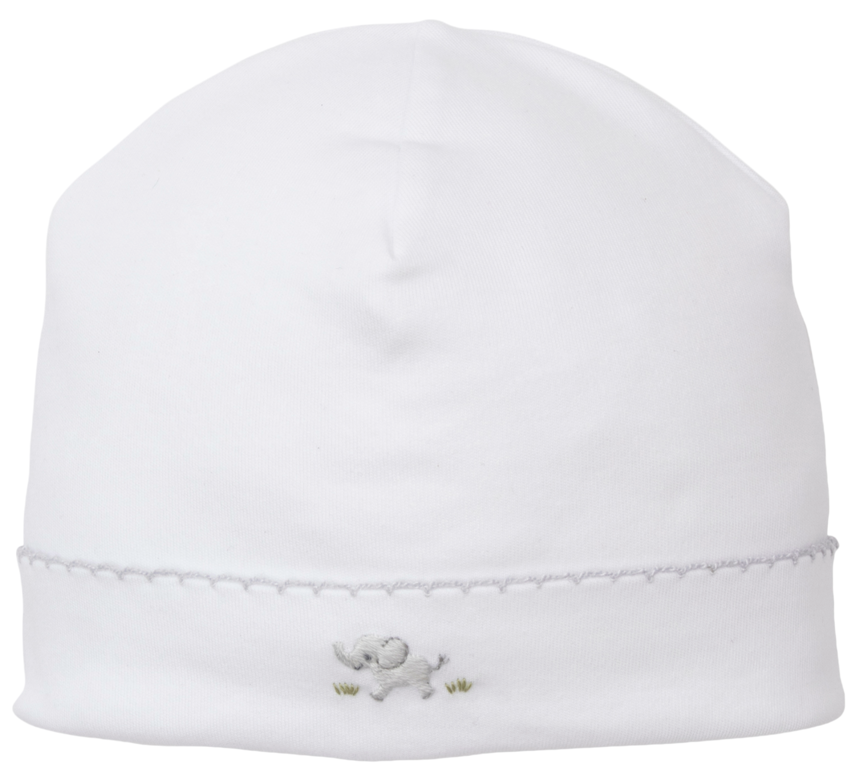 The Kissy Kissy Premier Elephant Esprit Hat features soft Pima cotton and a hand-embroidered gray elephant with green grass on the front near the brim.