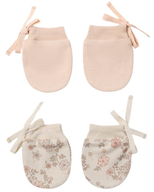 The Quincy Mae No Scratch Mittens, Set of 2, are shown in two designs—one pair in solid light pink and the other in cream with a floral pattern—each featuring a delicate side ribbon that pairs beautifully with a lightweight or cotton gauze bib for ultimate comfort and style.