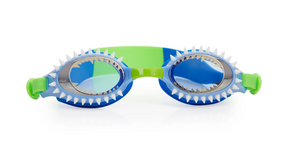 The Bling2O Kids' Fish-N-Chips Goggles, shown against a white background, feature a shark teeth design around the blue and green lenses, offer anti-fog technology, and provide UV protection.