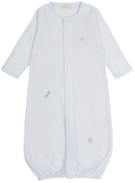 The Kissy Kissy Baby SCE Jungle Hang Out Striped Hand Emb. Convertible Gown features light blue stripes, long sleeves, an elastic bottom, and delicate hand-embroidered jungle animal designs. Crafted from soft Peruvian cotton, the gown is shown laid flat on a plain white background.