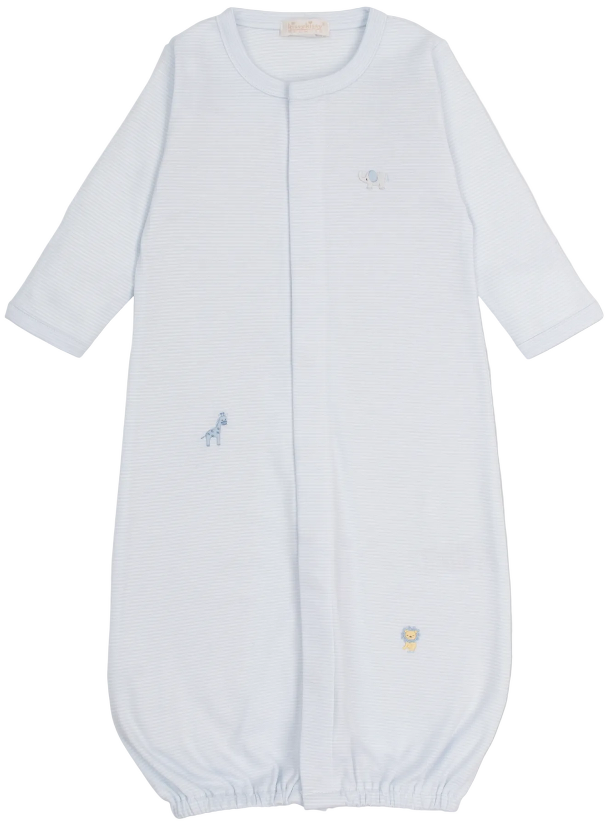 The Kissy Kissy Baby SCE Jungle Hang Out Striped Hand Emb. Convertible Gown features light blue stripes, long sleeves, an elastic bottom, and delicate hand-embroidered jungle animal designs. Crafted from soft Peruvian cotton, the gown is shown laid flat on a plain white background.