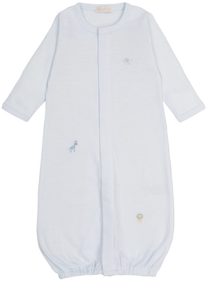 The Kissy Kissy Baby SCE Jungle Hang Out Striped Hand Emb. Convertible Gown features light blue stripes, long sleeves, an elastic bottom, and delicate hand-embroidered jungle animal designs. Crafted from soft Peruvian cotton, the gown is shown laid flat on a plain white background.