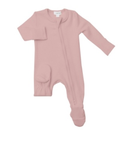 The Angel Dear Baby Rib Zip Footie is a long-sleeve, light pink onesie with covered feet, made from soft bamboo fiber, shown on a white background.