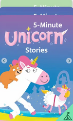 Book cover for Yoto Card: 5-Minute Magical Stories Pack by Yoto, featuring a bear riding a unicorn and another unicorn wearing a dress, set against a magical blue and purple background with stars and a castle silhouette—perfect for fans of fairy tales and enchanting unicorn adventures.