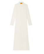 The Showtime Cashmere Shirt Dress by Guest in Residence is a lightweight, long-sleeve, ankle-length white collared dress with a button-down front, shown laid flat on a white background.
