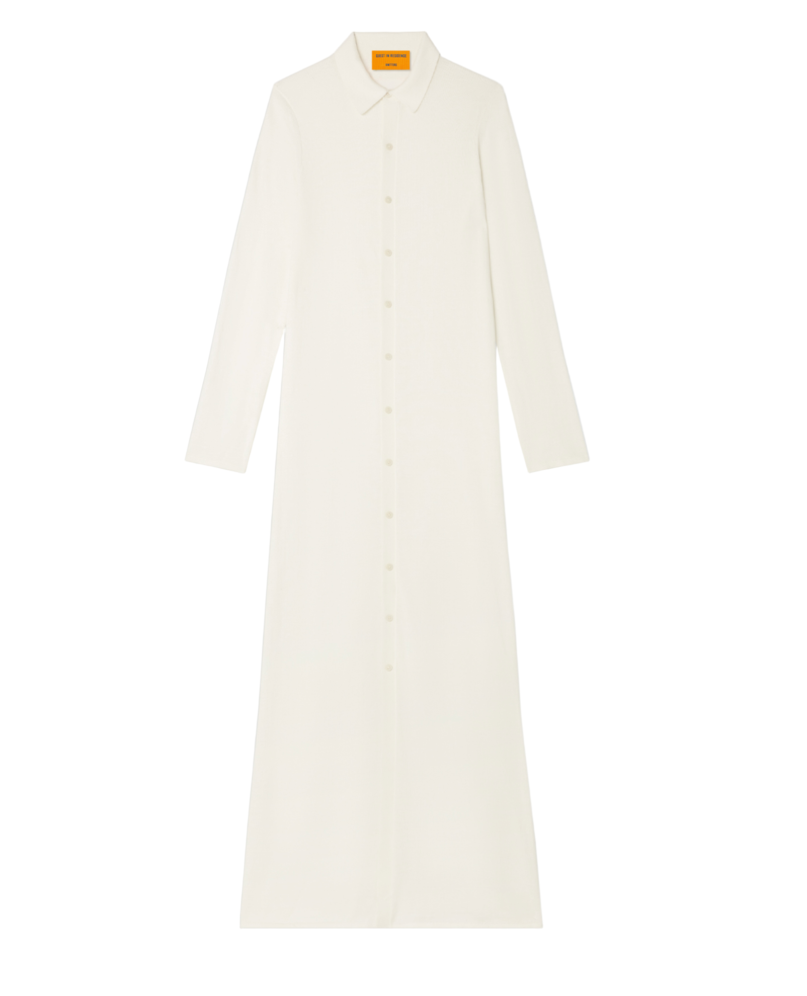 The Showtime Cashmere Shirt Dress by Guest in Residence is a lightweight, long-sleeve, ankle-length white collared dress with a button-down front, shown laid flat on a white background.