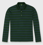 The Sid Mashburn Long-Sleeved Rally Polo is a luxe cotton shirt in dark green with blue and white horizontal stripes and a classic three-button placket.