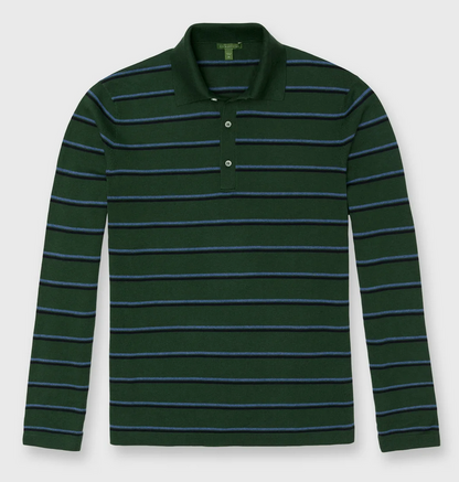 The Sid Mashburn Long-Sleeved Rally Polo is a luxe cotton shirt in dark green with blue and white horizontal stripes and a classic three-button placket.