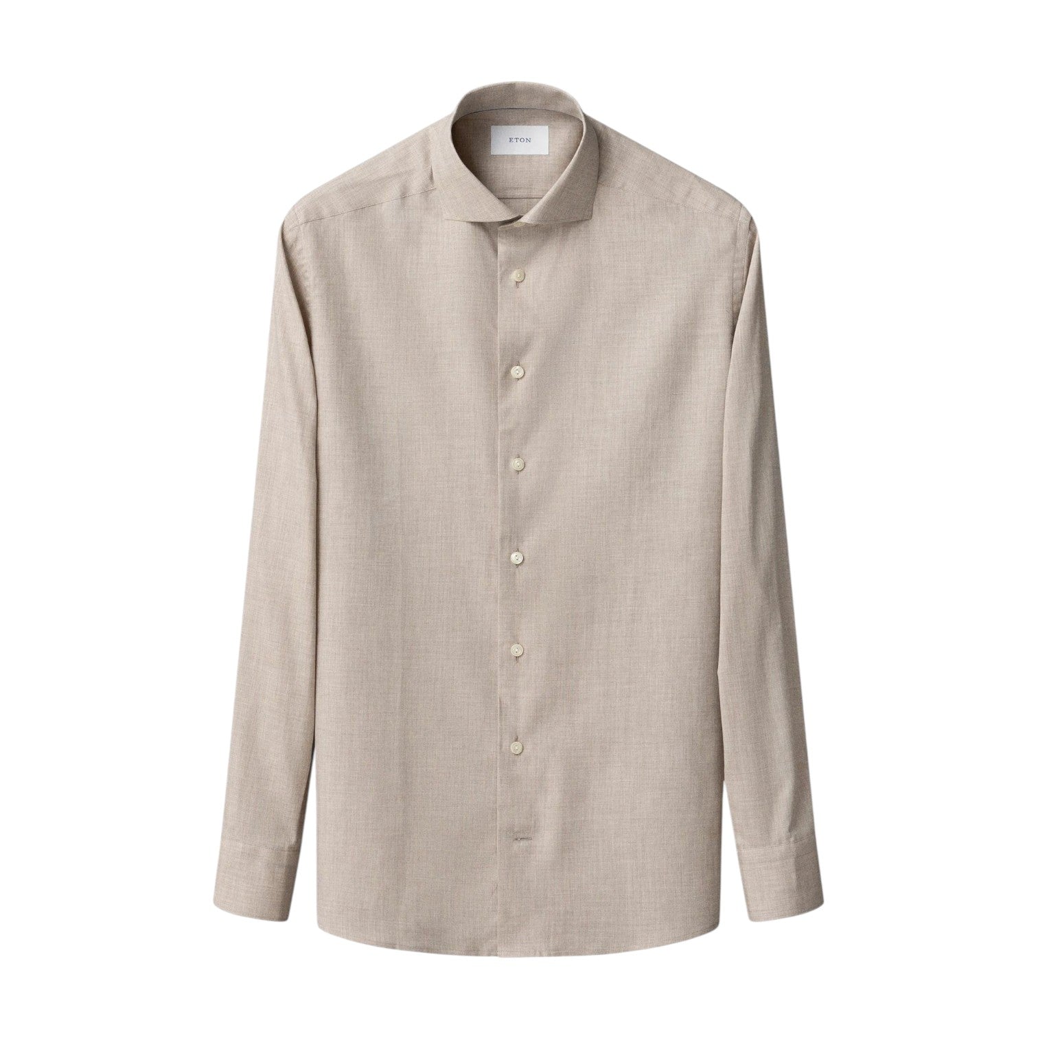 The Eton Slim Wide Spread Solid Signature Flannel Shirt is a beige long-sleeve cotton dress shirt with a classic collar, shown on a plain white background—ideal for cold-weather style.
