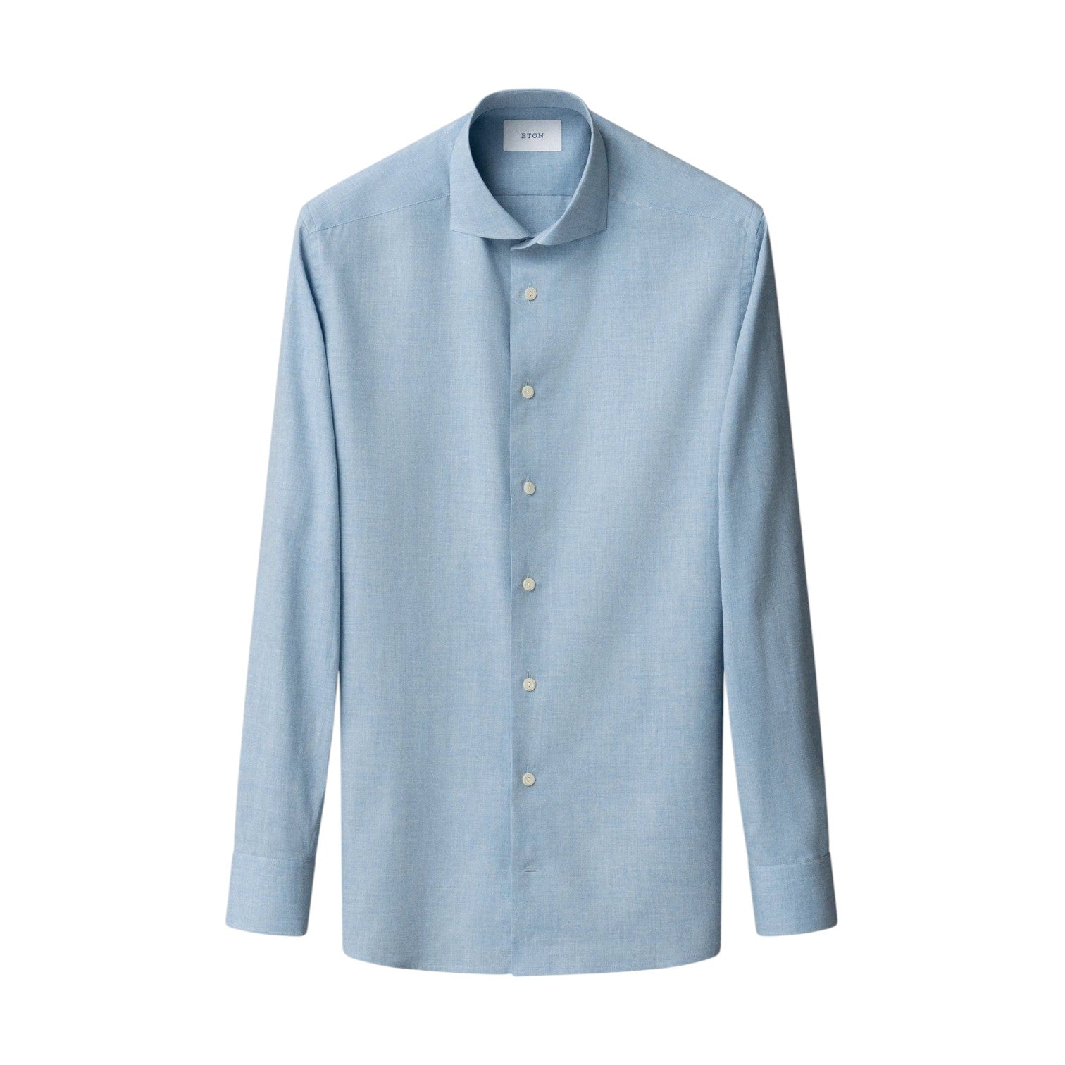 The Eton Slim Wide Spread Solid Signature Flannel Shirt is a light blue, long-sleeve cotton dress shirt with a collar, perfect for cold-weather style and shown on a plain white background.