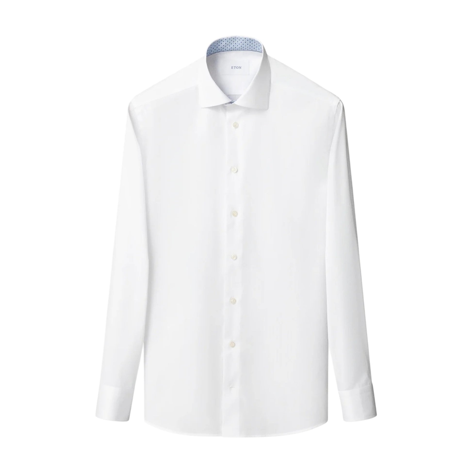 The Eton White Signature Twill Shirt with Contrast Cuff features a button-down front and classic collar, shown on a white background.