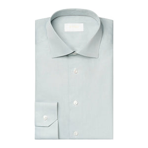 A neatly folded Mid Green Houndstooth Elevated Twill Shirt by Eton, featuring a classic collar and buttoned cuffs, crafted from premium twill fabric and displayed on a plain white background.
