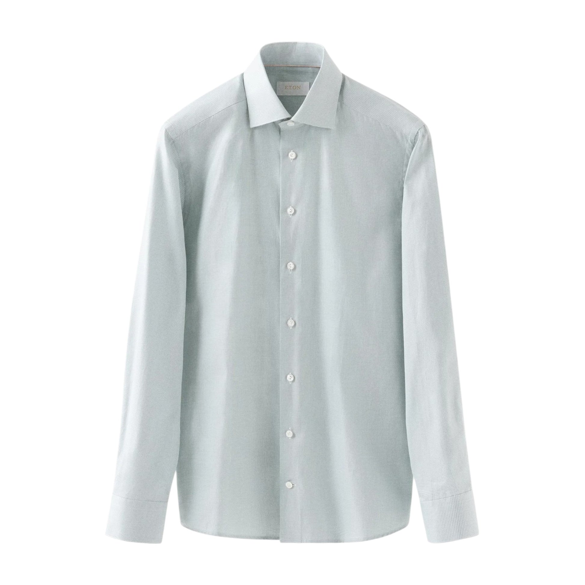 The Eton Mid Green Houndstooth Elevated Twill Shirt is a collared, long-sleeve button-up crafted from organic Supima cotton, shown on a plain white background.