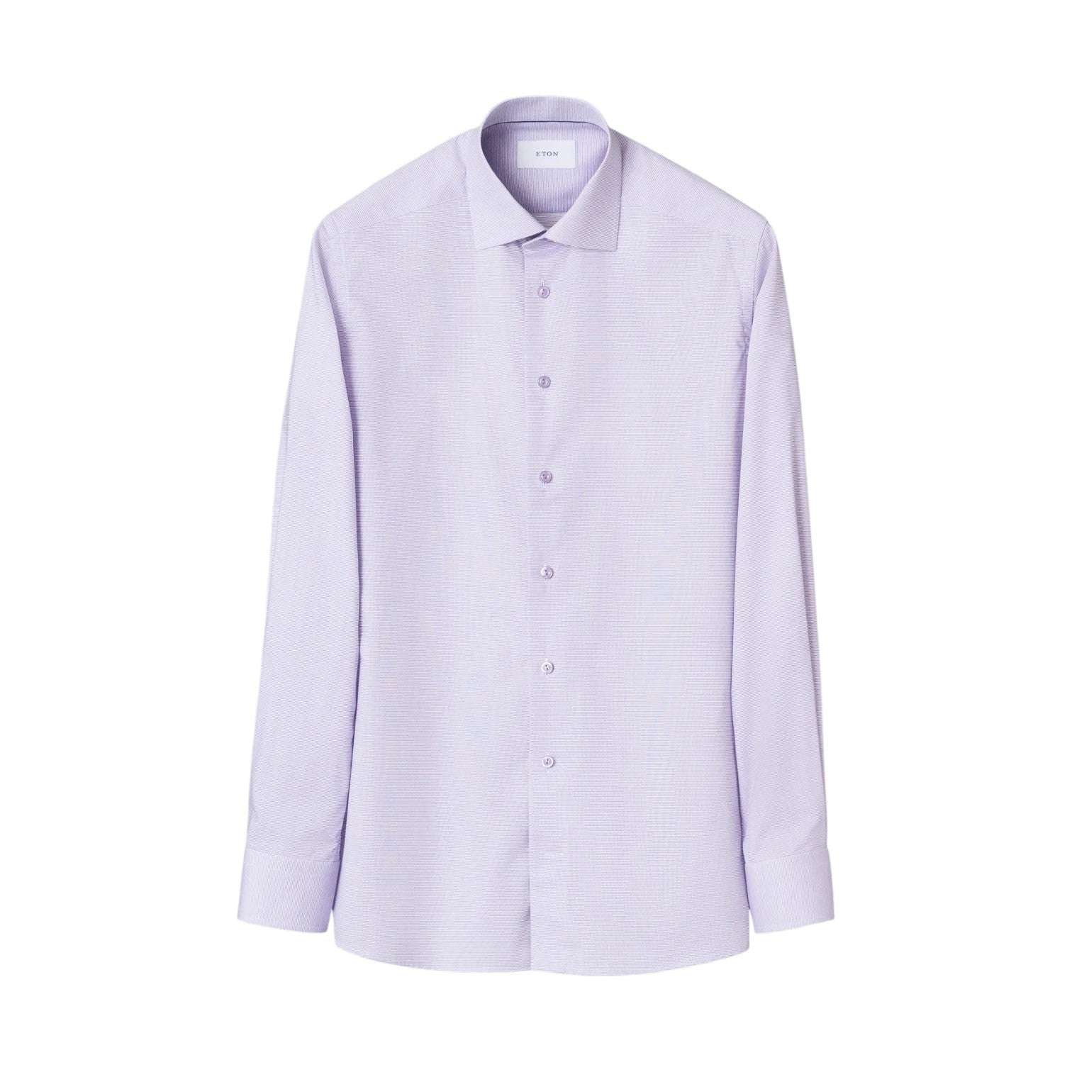The Eton Solid Signature Oxford Shirt is a light purple, long-sleeve cotton dress shirt with a standard collar and button closure. Shown against a plain white background, it features a crease-resistant finish and a clean, simple design.