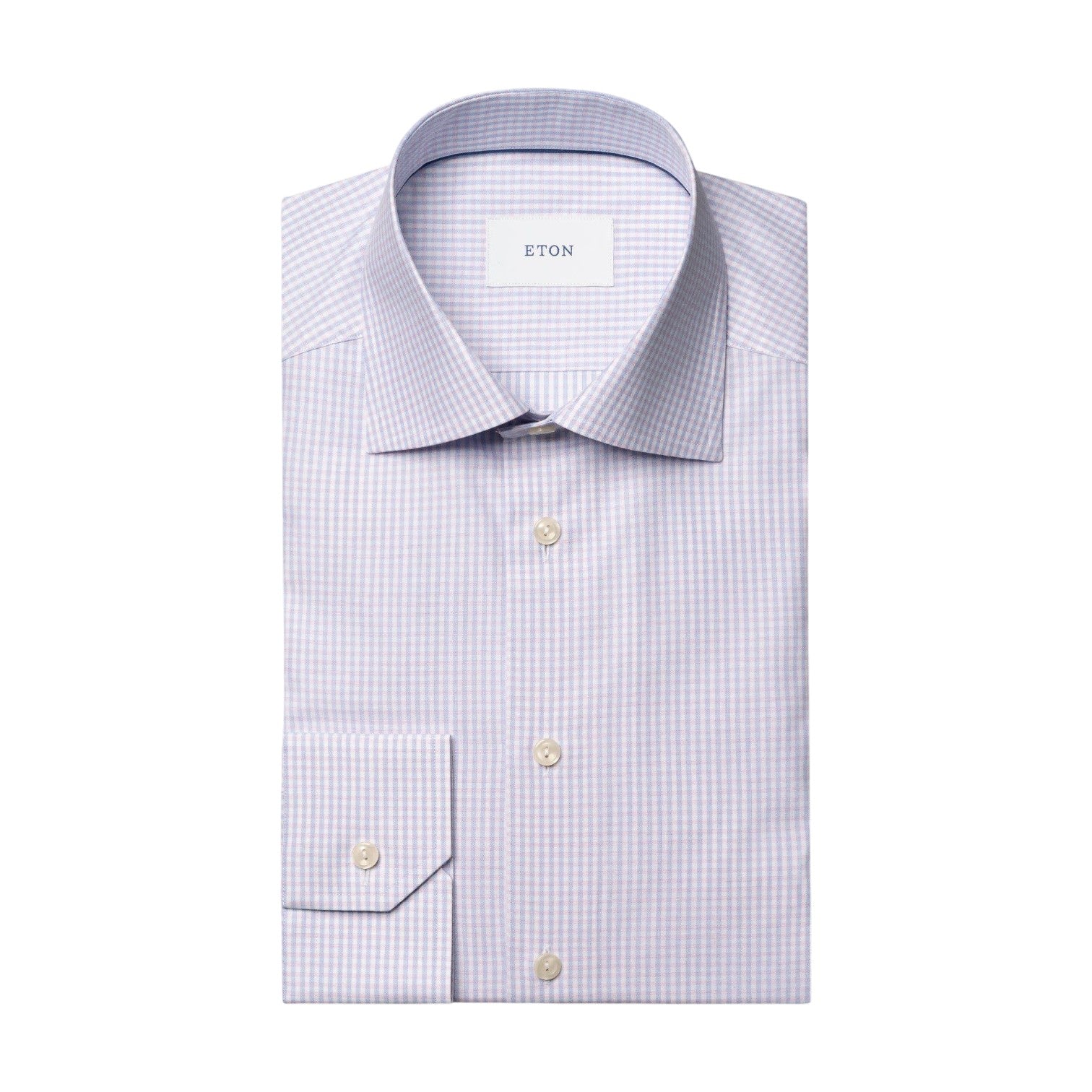 Slim Cut Away Check Twill Shirt by Eton in a light purple checkered, wrinkle-resistant fabric, featuring a pointed collar and buttoned cuffs, neatly folded and displayed on a white background.