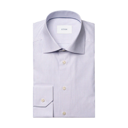 Slim Cut Away Check Twill Shirt by Eton in a light purple checkered, wrinkle-resistant fabric, featuring a pointed collar and buttoned cuffs, neatly folded and displayed on a white background.