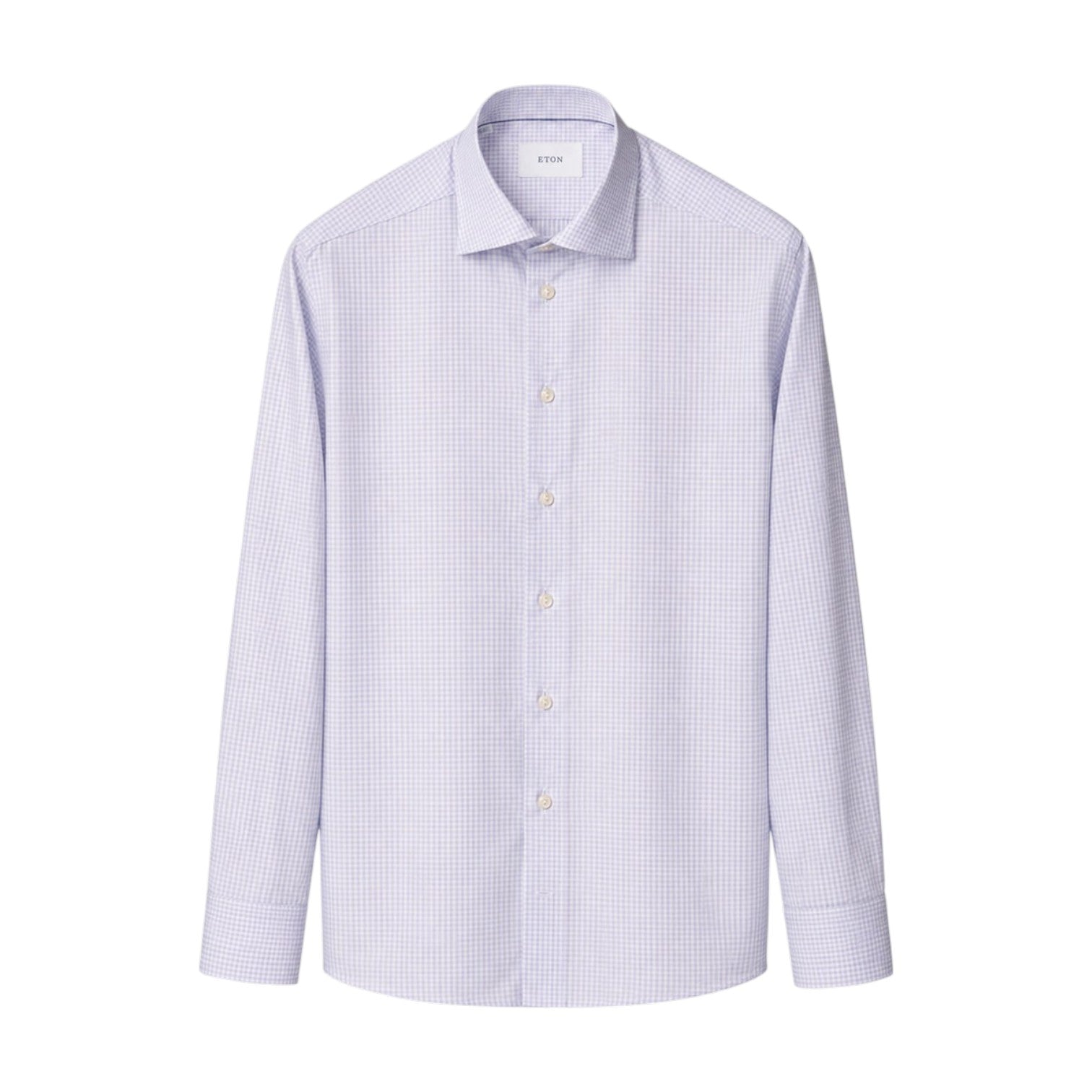 The Eton Slim Cut Away Check Twill Shirt is a light blue and white checkered long-sleeve dress shirt crafted from organic cotton, featuring a button front, cut away collar, and buttoned cuffs, displayed on a plain white background.