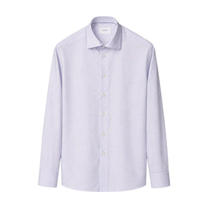 The Eton Slim Cut Away Check Twill Shirt is a light blue and white checkered long-sleeve dress shirt crafted from organic cotton, featuring a button front, cut away collar, and buttoned cuffs, displayed on a plain white background.