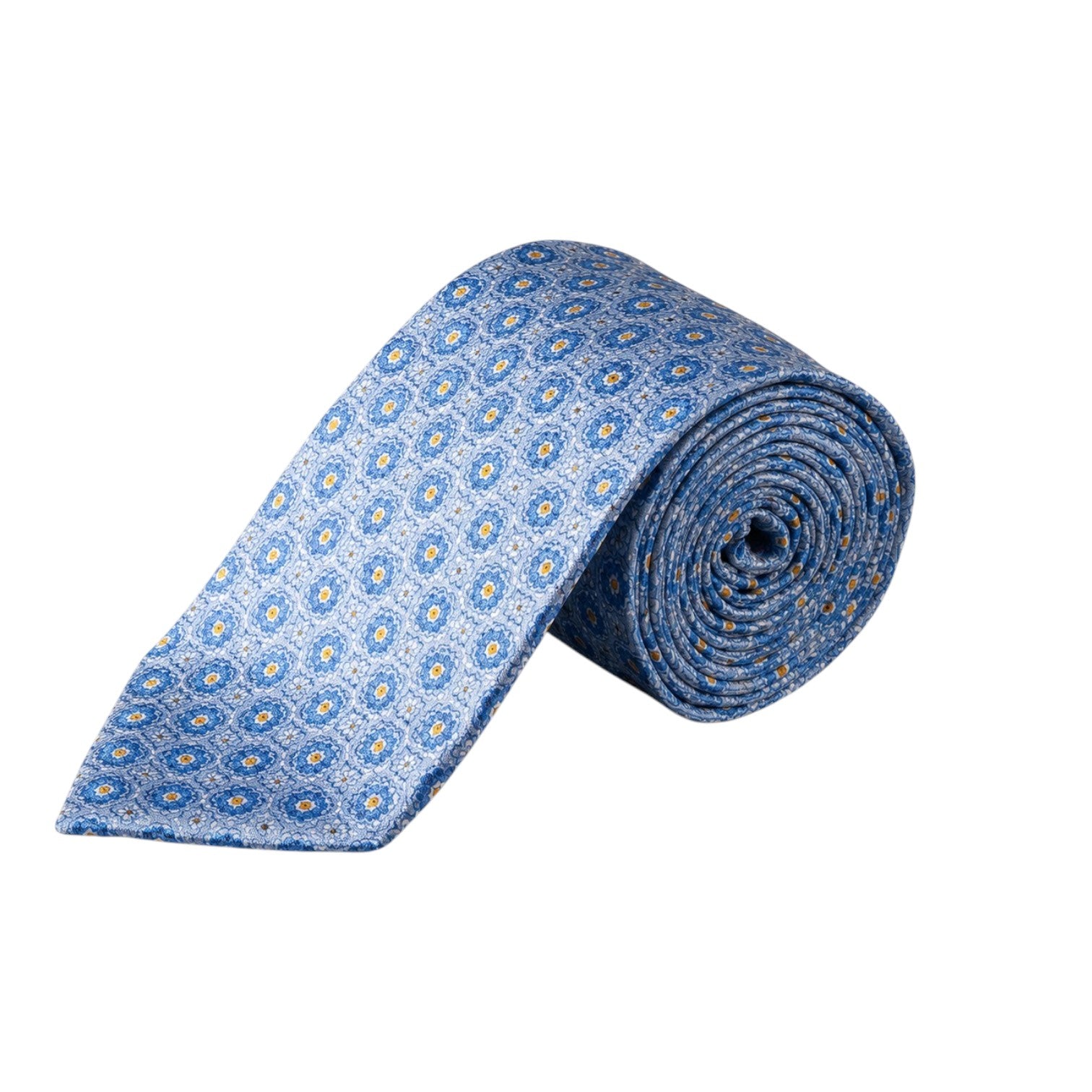 The Eton Floral Woven Silk Tie features a blue background adorned with an intricate yellow and navy circular pattern, elegantly rolled and displayed on a white surface—an ideal accessory for bringing refined business sophistication to any wardrobe.