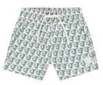 The Boys' Board Short by Rylee & Cru features a blue and white wave pattern, elastic waistband with white drawstring, side pockets, and a circular logo—ideal for coordinating a matching swimwear look.