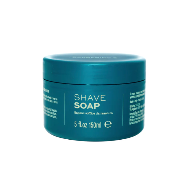 A teal container of Barberino's Bergamot and Neroli Shave Soap features white text showing a 5 fl. oz. (150 ml) size, ideal for luxury grooming, set against a plain white background.