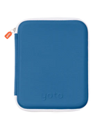 The Yoto Card Case by Yoto is a blue, rectangular zippered case with rounded corners, an orange zipper pull, and the word “yoto” embossed on the front. Shown against a plain white background, it’s perfect for storing your Yoto Cards and makes a stylish addition to your collection of Yoto accessories.