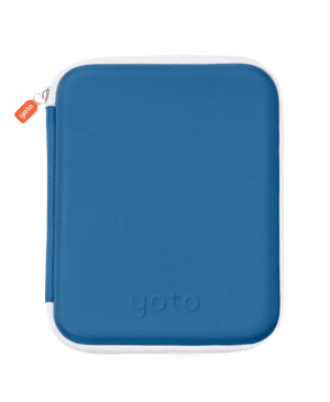 The Yoto Card Case by Yoto is a blue, rectangular zippered case with rounded corners, an orange zipper pull, and the word “yoto” embossed on the front. Shown against a plain white background, it’s perfect for storing your Yoto Cards and makes a stylish addition to your collection of Yoto accessories.