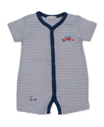 The Kissy Kissy Baby Boys' Rescue Raid Striped Short Playsuit features short sleeves, soft Pima cotton in white and navy stripes with navy trim, snap buttons for easy changes, and adorable embroidered fire truck and car designs on the front—perfect for keeping your baby comfortable.