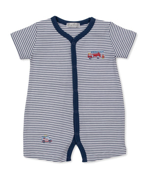 The Kissy Kissy Baby Boys' Rescue Raid Striped Short Playsuit features short sleeves, soft Pima cotton in white and navy stripes with navy trim, snap buttons for easy changes, and adorable embroidered fire truck and car designs on the front—perfect for keeping your baby comfortable.