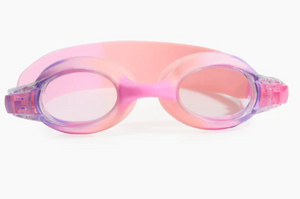 Bling2O Kids' Tiny Girl Swim Goggles in pink and purple, featuring clear anti-fog lenses for toddlers and an adjustable strap, displayed against a white background.