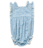 Introducing the Early Sunday Baby Girls’ Eva Baby Romper—a light blue romper adorned with a charming white floral pattern, featuring ruffled shoulder straps, delicate white lace trim, and elastic leg openings. This darling piece offers stylish comfort in every detail for your little one.