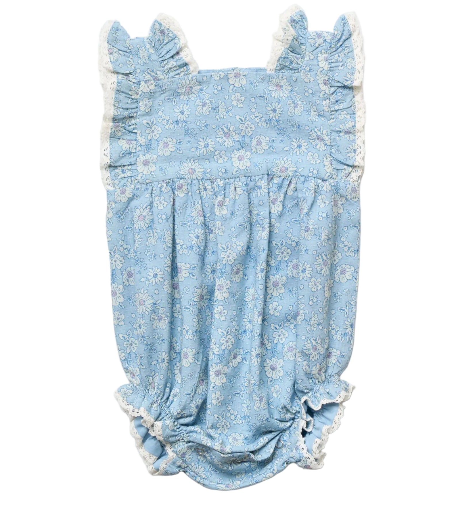 Introducing the Early Sunday Baby Girls’ Eva Baby Romper—a light blue romper adorned with a charming white floral pattern, featuring ruffled shoulder straps, delicate white lace trim, and elastic leg openings. This darling piece offers stylish comfort in every detail for your little one.