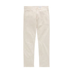 The Everett Slim Straight jeans by AG Jeans feature a mid-rise waist, slim straight fit, front and back pockets, button closure, and belt loops. Crafted from light beige twill linen, these jeans are displayed on a white background.