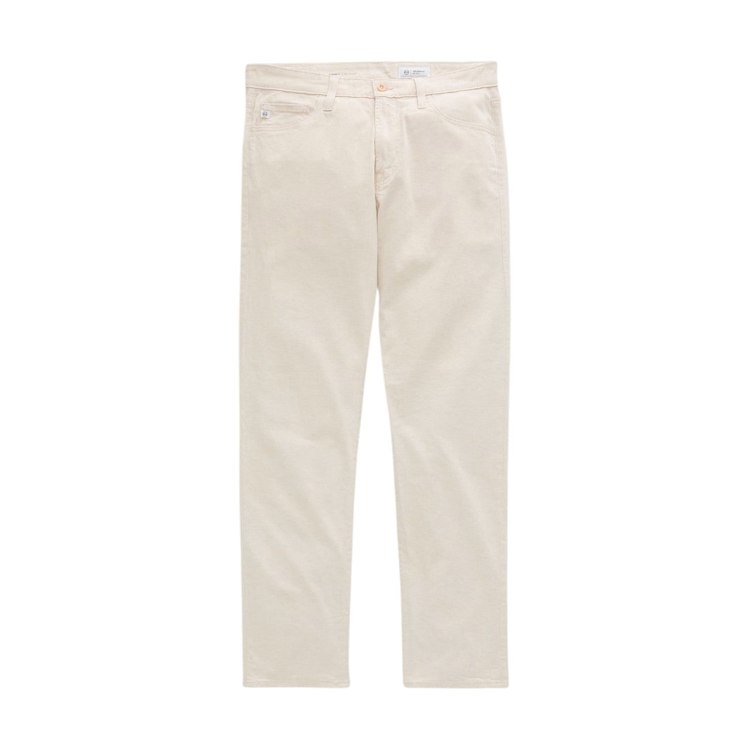 The Everett Slim Straight jeans by AG Jeans feature a mid-rise waist, slim straight fit, front and back pockets, button closure, and belt loops. Crafted from light beige twill linen, these jeans are displayed on a white background.
