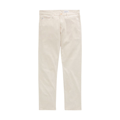 The Everett Slim Straight jeans by AG Jeans feature a mid-rise waist, slim straight fit, front and back pockets, button closure, and belt loops. Crafted from light beige twill linen, these jeans are displayed on a white background.