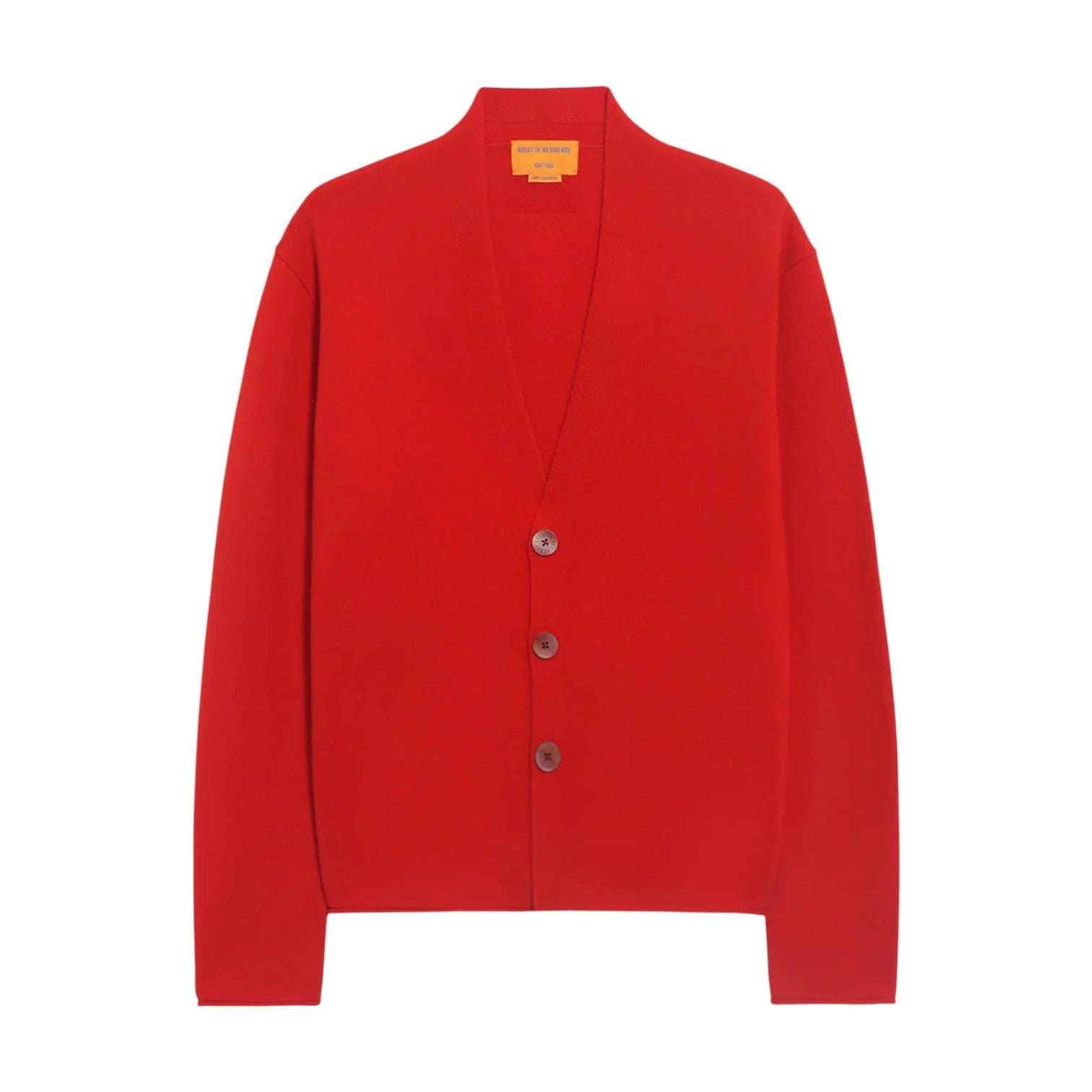 The Everywear Cardigan by Guest in Residence is a red cashmere V-neck cardigan with three buttons, shown on a white background.