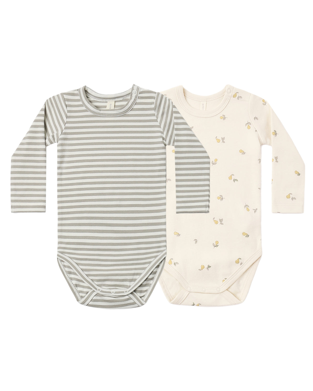The Quincy Mae Baby Jersey Bodysuit 2-Pack includes two long-sleeved one-pieces crafted from soft organic brushed jersey—one featuring gray and white stripes, and the other in cream with a subtle animal print. Designed for both comfort and convenience, these bodysuits make changing your baby easy.