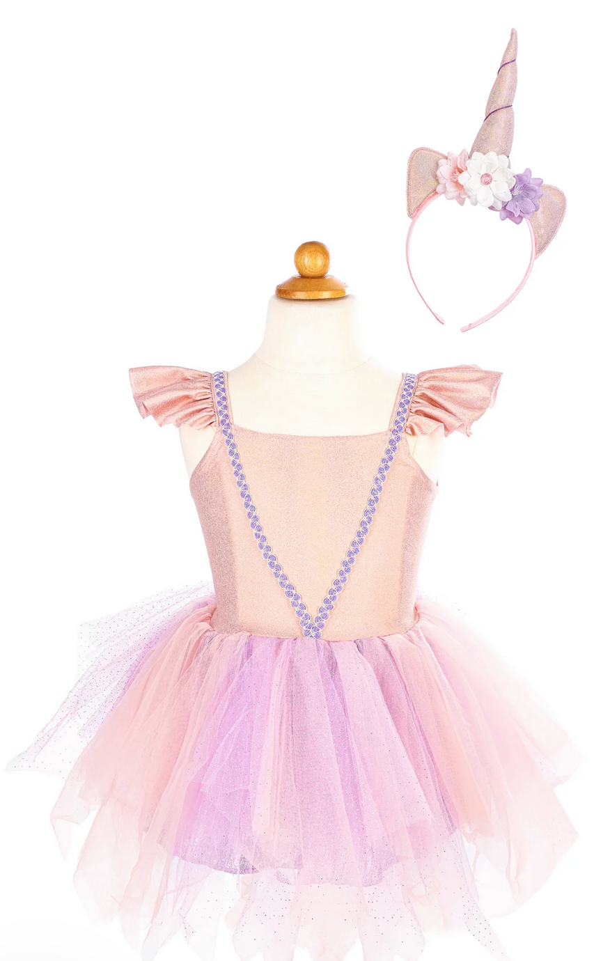 The Great Pretenders Shimmer Unicorn Dress & Headband features glittery straps, ruffled sleeves, and a floral unicorn headband, shown elegantly on a dress form.