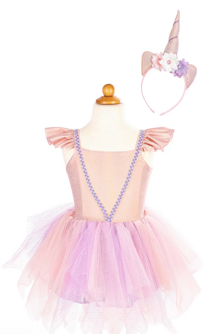 The Great Pretenders Shimmer Unicorn Dress & Headband features glittery straps, ruffled sleeves, and a floral unicorn headband, shown elegantly on a dress form.