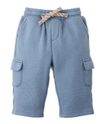Introducing the Baby Boys’ Valentino Cargo Jogger Pants by Gingersnaps—light blue cargo shorts designed with an elastic waistband and drawstring. These pants feature two side pockets and two flap cargo pockets for extra storage, offering the relaxed comfort of joggers—perfect for active days.