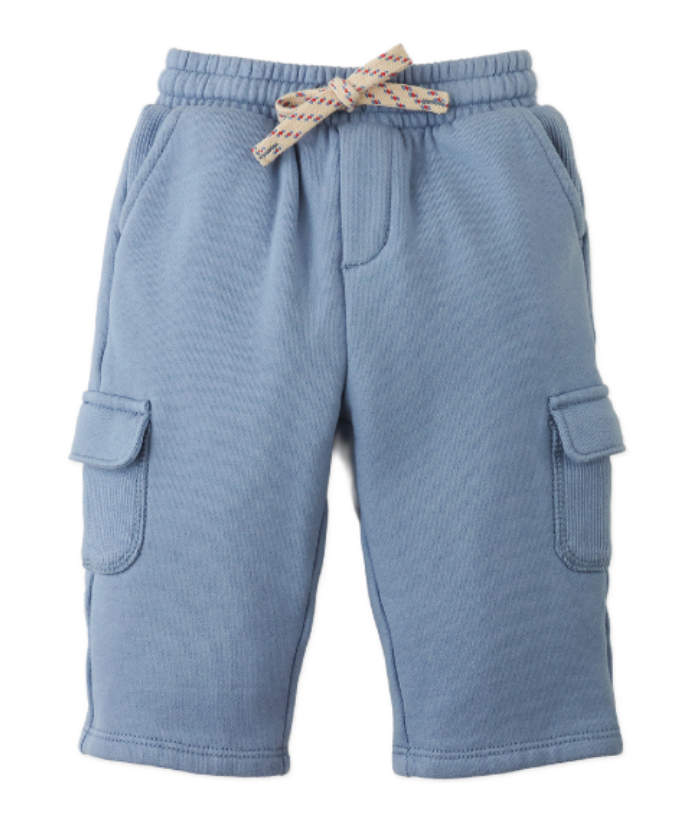 Introducing the Baby Boys’ Valentino Cargo Jogger Pants by Gingersnaps—light blue cargo shorts designed with an elastic waistband and drawstring. These pants feature two side pockets and two flap cargo pockets for extra storage, offering the relaxed comfort of joggers—perfect for active days.