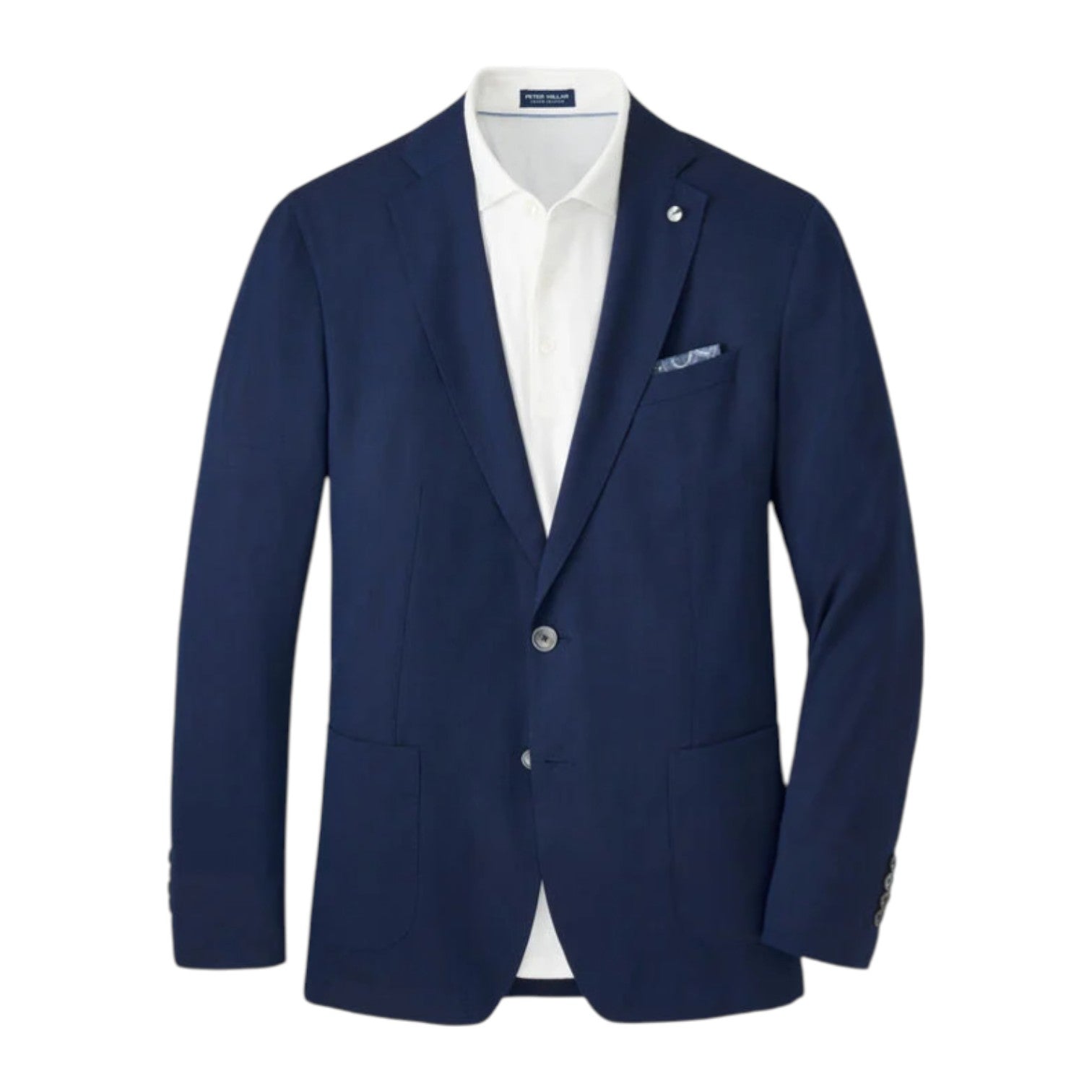 The Excursionist Flex Blazer by Peter Millar features a navy blue wool-silk blend with notch lapels, two front buttons, patch pockets, and a white dress shirt underneath. A pocket square peeks from the chest pocket.