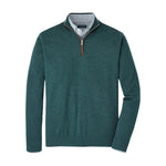 The Peter Millar Excursionist Flex Quarter-Zip Sweater in teal is layered over a blue and white checkered collared shirt, displayed on a white background.
