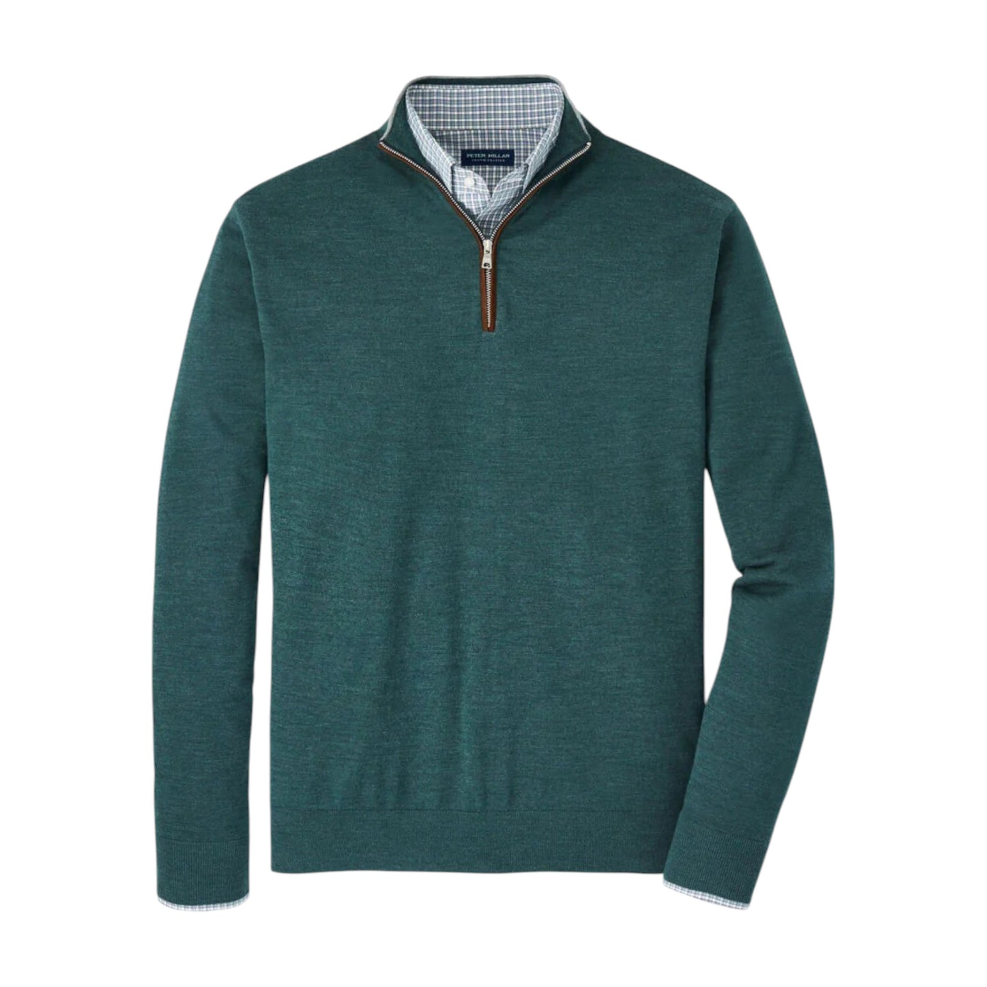 The Peter Millar Excursionist Flex Quarter-Zip Sweater in teal is layered over a blue and white checkered collared shirt, displayed on a white background.