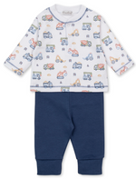 Introducing the Kissy Kissy Baby Boys’ Construction Demo Pant Set, featuring a white long-sleeve shirt adorned with a fun construction print and paired with soft, solid navy blue elastic-waist pants.