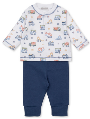Introducing the Kissy Kissy Baby Boys’ Construction Demo Pant Set, featuring a white long-sleeve shirt adorned with a fun construction print and paired with soft, solid navy blue elastic-waist pants.